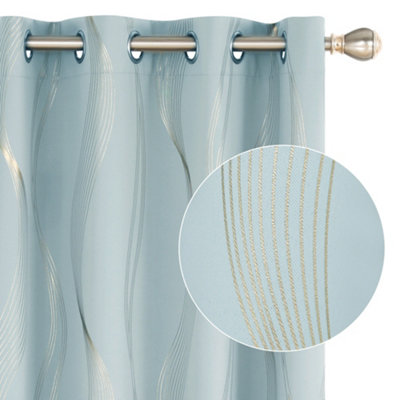 Deconovo Blackout Eyelet Curtains Thermal Insulated Gold Wave Line Foil Printed Curtains for kids 52x84 Inch Light Blue 2 Panels