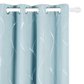 Deconovo Blackout Eyelet Curtains, Thermal Insulated Wave Line Foil Printed Ring Top Curtains, W52 x L63 Inch, Sky Blue, one pair