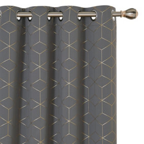 Deconovo Blackout Eyelet Curtains W66 x L72 Inch, Thermal Insulated Curtains Gold Diamond Printed Curtains, Light Grey, One Pair