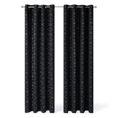 Deconovo Blackout Eyelet Super Soft Diamond Silver Printed Curtains, Thermal Insulated Curtains, W55 x L72 Inch, Black, One Pair