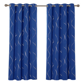 Deconovo Blackout Eyelet Thermal Insulated Curtains, Gold Wave Foil Printed Curtains, W52 x L90 Inch, Royal Blue, One Pair