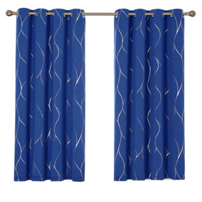 Deconovo Blackout Eyelet Thermal Insulated Curtains, Gold Wave Foil Printed Ring Top Curtains, W52 x L63 Inch, Royal Blue, 1 Pair