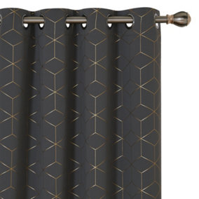 Deconovo Blackout Functional Eyelet Curtains, Gold Diamond Printed Thermal Insulated Curtains, W66 x L54 Inch, Dark Grey, One Pair