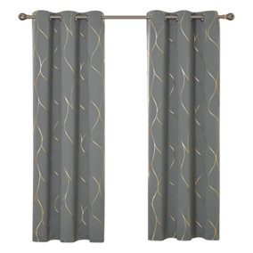 Deconovo Blackout Ring Top Curtains, Thermal Insulated Curtains, Gold Wave Foil Printed Curtains, W66 x L90 Inch, Grey, 1 Pair