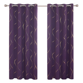 Deconovo Blackout Ring Top Thermal Insulated Curtains, Gold Wave Foil Printed Curtains, W52 x L90 Inch, Purple Crape, One Pair
