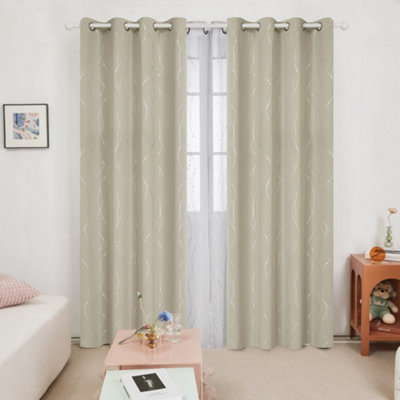 Deconovo Blackout Thermal Curtains Foil Dotted Line Printed Eyelet Curtains for Bedroom, 55 x 70 Inch, Beige, One Pair