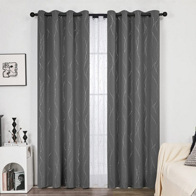 Deconovo Blackout Thermal Curtains Foil Dotted Line Printed Eyelet Curtains for Living Room, Light Grey, 55 x96 Inch, One Pair