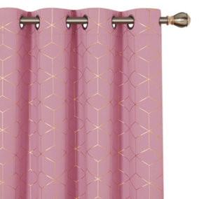 Deconovo Blackout Thermal Insulated Curtains, Eyelet Curtains, Gold Diamond Printed Curtains, W52 x L45 Inch, Pink, One Pair