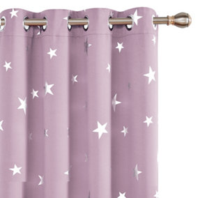 Deconovo Blackout Thermal Insulated Eyelet Curtains, Silver Star Foil Printed Curtains, W52 x L72 Inch, Light Pink, 2 Panels