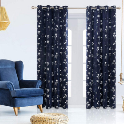 Deconovo Crushed Faux Velvet Curtains Silver Flower Pattern Eyelet Curtains for Kids 55 x 96 Inch Navy Blue Two Panels