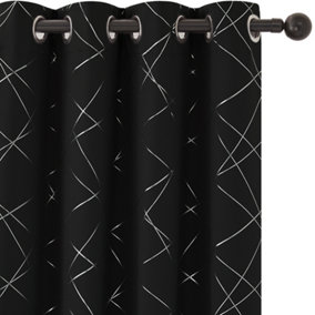 Deconovo Decorations Foil Printed Line Thermal Curtains Super Soft Ring Top Blackout Curtains 55 x 72 Inch Black 2 Panels