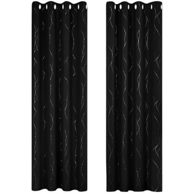 Deconovo Dot Line Foil Printed Blackout Curtains Thermal Super Soft Eyelet Curtains for Living Room 52 x 84 Inch Black 1 Pair