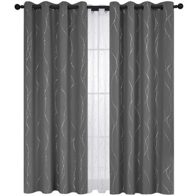 Deconovo Dotted Line Foil Printed Curtains Thermal Insulated Curtains Room Darkening Curtains W66 x L90 Inch Light Grey Two Panels