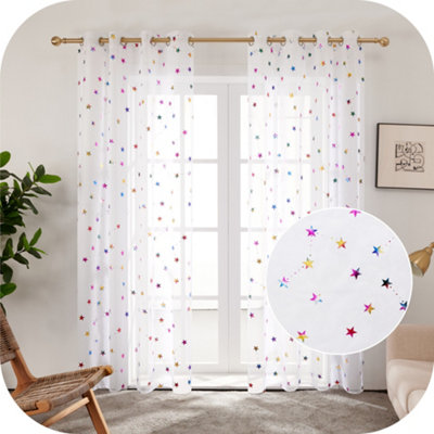 Deconovo Foil Printed Constellation Voile Curtains Eyelets Sheer Curtains  Net Curtains for Bedroom 55x72 Inch White 1 Pair