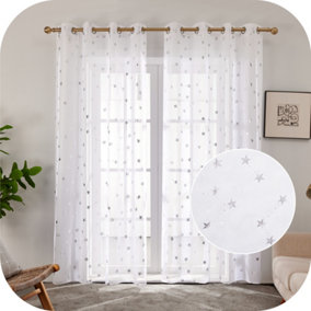 Deconovo Effect Eyelets Sheer Curtains Voile Curtains Foil Printed Net Curtains 55 x 90 Inch White Two Panels