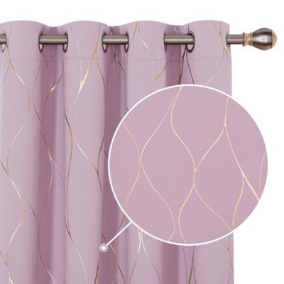 Deconovo Energy Saving Curtains Blackout Curtains Gold Wave Foil Printed Eyelet Curtains Baby Pink W55 x L70 One Pair