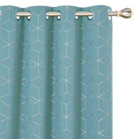 Deconovo Energy Saving Eyelet Blackout Curtains, Gold Diamond Printed Thermal Insulated Curtains, W66 x L54 Inch, Sky Blue, 1 Pair