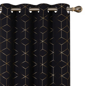 Deconovo Eyelet Blackout Curtains, Gold Diamond Printed Curtains, Thermal Insulated Curtains, W46 x L90 Inch, Black, One Pair