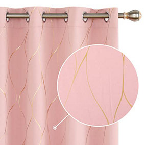 Deconovo Eyelet Blackout Curtains, Gold Wave Foil Printed Curtains for Girls Bedroom, 52 x 90 Inch (W x L), Coral Pink, One Pair