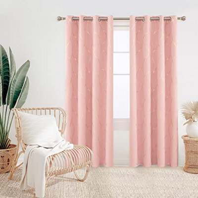 Deconovo Eyelet Blackout Curtains, Gold Wave Foil Printed Curtains for Girls Bedroom, 52 x 90 Inch (W x L), Coral Pink, One Pair