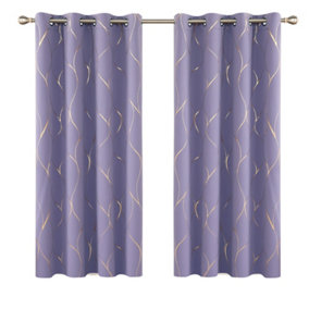 Deconovo Eyelet Blackout Curtains, Gold Wave Foil Printed Curtains for Living Room, W52 x L63 Inch, Light Purple, One Pair