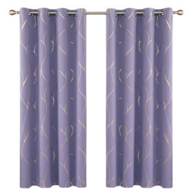 Deconovo Eyelet Blackout Curtains, Gold Wave Foil Printed Curtains for Living Room, W66 x L72 Inch, Light Purple, One Pair