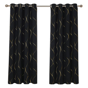 Deconovo Eyelet Blackout Curtains, Gold Wave Foil Printed Curtains, Thermal Insulated Curtains, W52 x L72 Inch, Black, 1 Pair