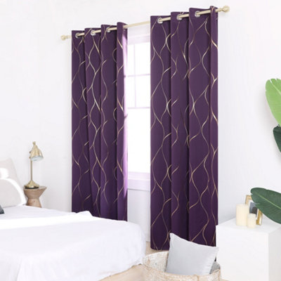 Deconovo Eyelet Blackout Curtains, Gold Wave Foil Printed Thermal Insulated Curtains, W66 x L54 Inch, Purple Crape, One Pair