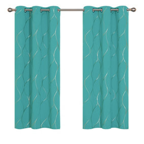 Deconovo Eyelet Blackout Curtains, Thermal Insulated Curtains, Gold Wave Foil Printed Curtains, W46 x L90 Inch, Turquoise, 1 Pair