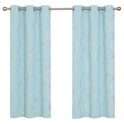 Deconovo Eyelet Blackout Curtains, Thermal Insulated Curtains, Gold Wave Foil Printed Curtains, W52 x L72 Inch, Sky Blue, 1 Pair