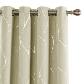 Deconovo Eyelet Blackout Curtains, Thermal Insulated Curtains Wave Line Foil Printed Curtains, W52 x L63 Inch, Beige, 1 Pair