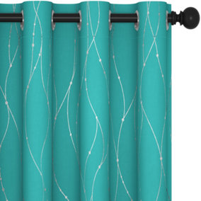 Deconovo Eyelet Blackout Curtains, Thermal Insulated Silver Dotted Line Foil Printed Curtains, W46 x L90 Inch, Turquoise, 2 Panels