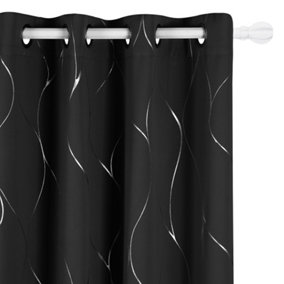 Deconovo Eyelet Blackout Curtains, Thermal Insulated Silver Wave Line Foil Printed Curtains, W46 x L72 Inch, Black, 2 panels