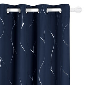 Deconovo Eyelet Blackout Curtains, Thermal Insulated Silver Wave Line Foil Printed Curtains, W46 x L72 Inch, Navy Blue, 1 pair