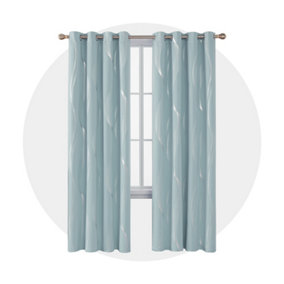 Deconovo Eyelet Blackout Curtains Thermal Insulated Silver Wave Line Foil Printed Curtains W66 x L54 Inch Light Blue 2 Panels