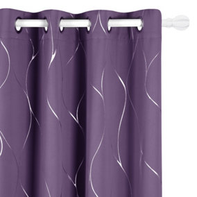 Deconovo Eyelet Blackout Silver Wave Line Foil Printed Curtains, Thermal Insulated Curtains, W46 x L90 Inch, Purple Grape, 1 Pair