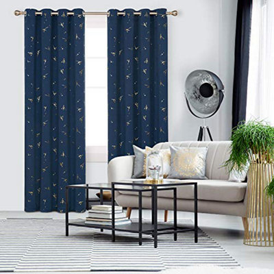 Deconovo Eyelet Curtains, Blackout Curtains 46x54 Inch, Gold Constellation Printed Curtains for Bedroom, Navy Blue, 1 Pair