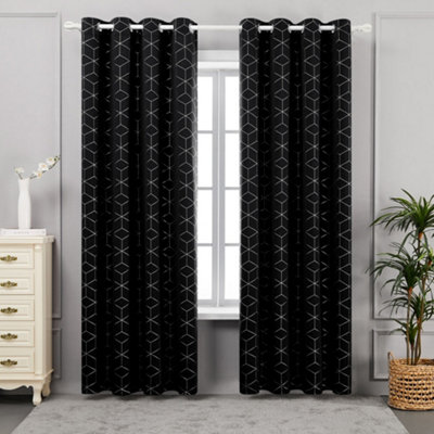 Deconovo Eyelet Curtains, Blackout Foil Diamond Printed Curtains, Thermal Curtains for Bedroom, 55 x 90 Inch, Black, One Pair