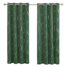 Deconovo Eyelet Curtains, Blackout Gold Wave Foil Printed Curtains, Energy Saving Curtains, W52 x L84 Inch, Dark Forest, 1 Pair