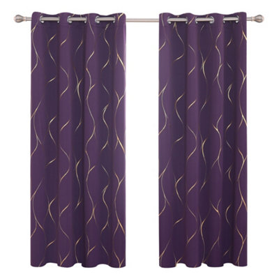 Deconovo Eyelet Curtains, Blackout Thermal Insulated Gold Wave Foil Printed Curtains, W52 x L84 Inch, Purple Crape, One Pair