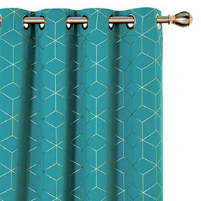 Deconovo Eyelet Curtains, Gold Diamond Printed Blackout Curtains for Kitchen, 52 x 45 Inch(Width x Length), Turquoise, One Pair