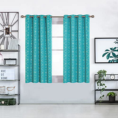 Deconovo Eyelet Curtains, Gold Diamond Printed Blackout Curtains for Kitchen, 52 x 45 Inch(Width x Length), Turquoise, One Pair
