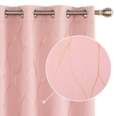 Deconovo Eyelet Curtains, Gold Wave Line Foil Printed Blackout Curtains for Nursery, 52 x 84 Inch (W x L), Coral Pink, One Pair