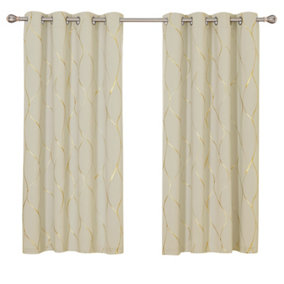 Deconovo Eyelet Curtains, Thermal Insulated Room Darkening Curtains, Gold Wave Foil Printed Curtains W66 x L54 Inch, Beige, 1 Pair