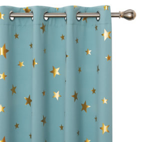 Deconovo Eyelet Gold Star Foil Printed Curtains, Room Darkening Thermal Insulated Curtains, W52 x L54 Inch, Sky Blue, 2 Panels