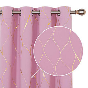 Deconovo Eyelet Room Darkening Curtains, Gold Wave Foil Printed Blackout Curtains for Nursery, 46 x 90 Inch (W x L), Pink, 1 Pair