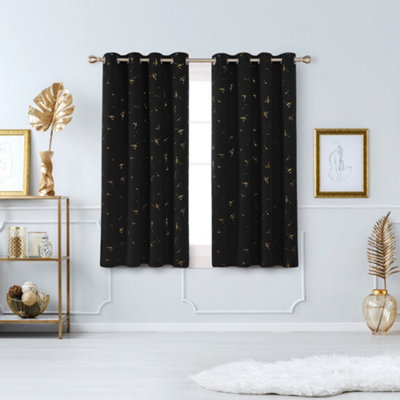 Deconovo Eyelet Thermal Curtains,Gold Constellation Printed  Blackout Curtains for Baby Nursery, 52 x 63 Inch, Black, 2 panels