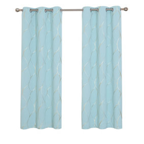 Deconovo Eyelet Thermal Insulated Blackout Curtains, Gold Wave Foil Printed Curtains, W52 x L54 Inch, Sky Blue, One Pair