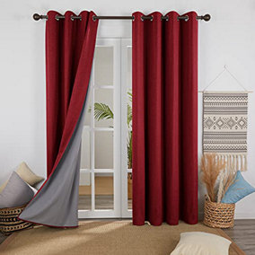 Deconovo Faux Linen Blackout Curtains Eyelet Decorative Curtains for Bedroom with Coating Back Layer 52 x 90 Inch Red Set of 2