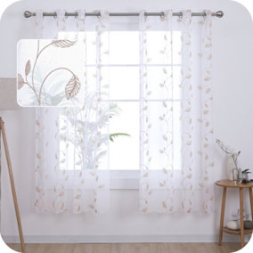 Deconovo Faux Linen Embroidered Voile Curtains Eyelets Top Rings Sheer Curtains Net Curtains 55 x 72 Inch Linen One Pair